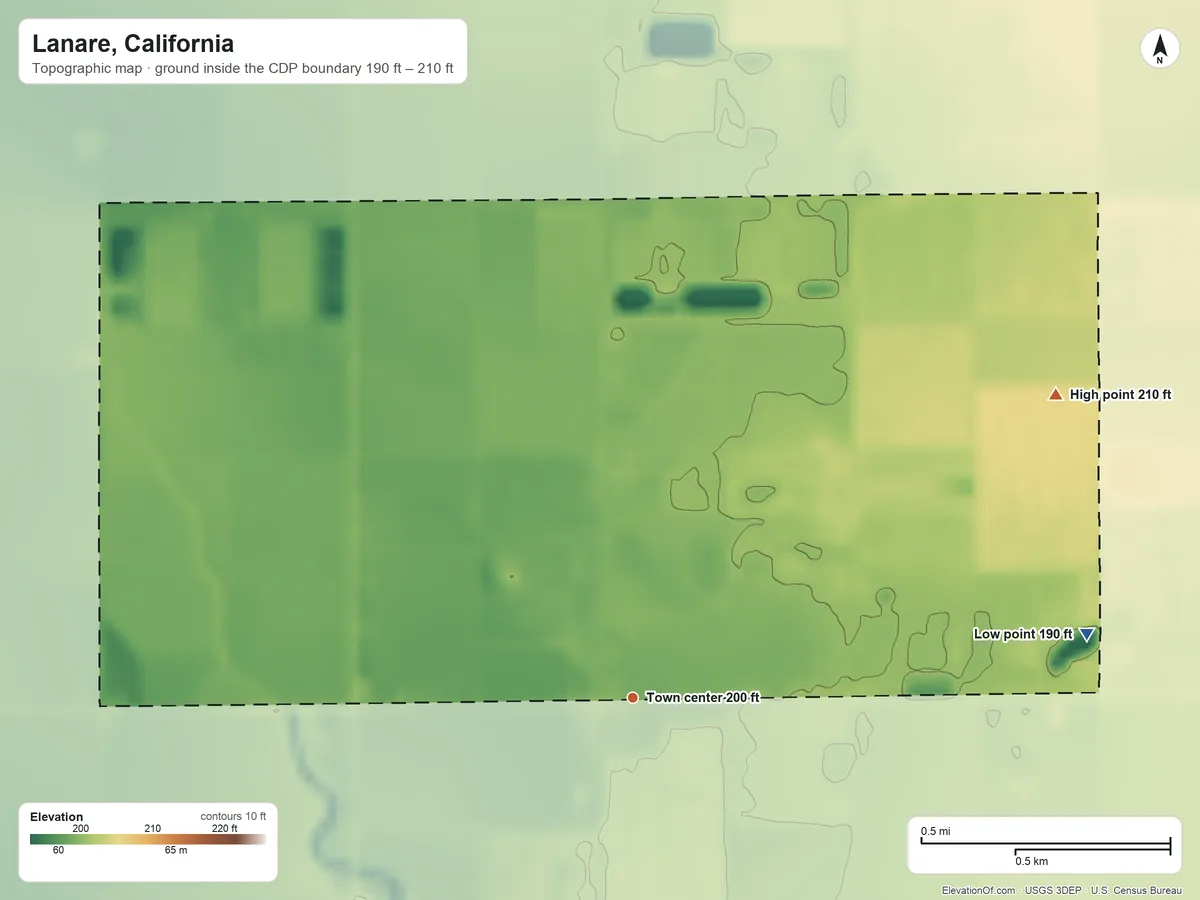 Topographic elevation map of Lanare, California, shaded from 190 ft on the east side to 210 ft on the northeast side