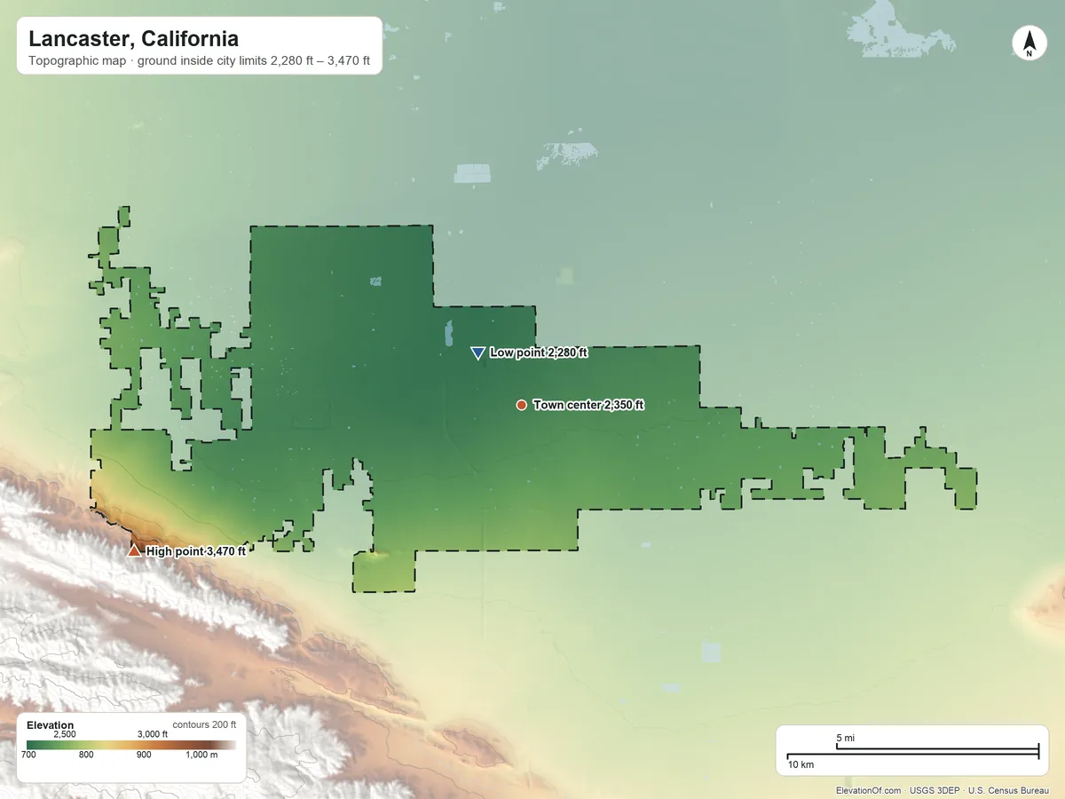 Topographic elevation map of Lancaster, California, shaded from 2,280 ft near the middle to 3,470 ft on the west edge, below higher ground just outside