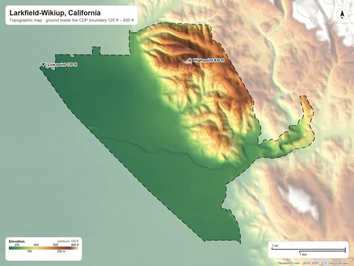 Topographic elevation map of Larkfield-Wikiup, California, shaded from 120 ft on the northwest side to 830 ft on the northeast side