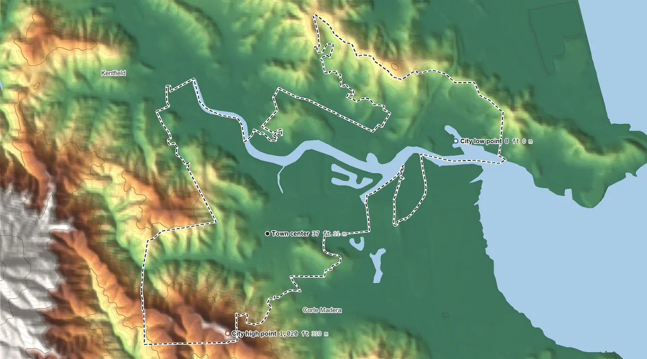 Topographic elevation map of Larkspur, California, shaded from sea level level on the Corte Madera to 1,020 ft at the foot of the San Miguel Hills