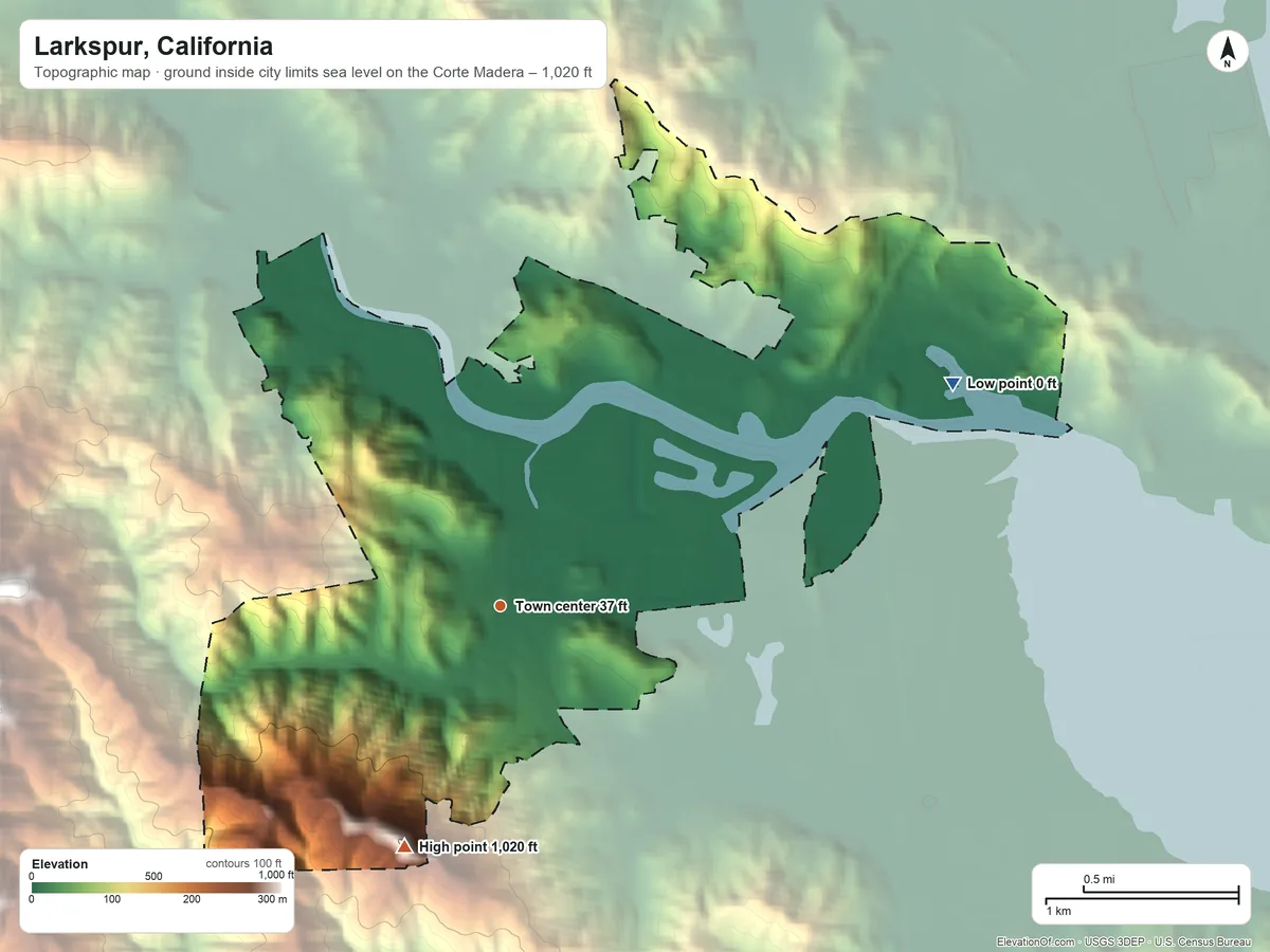Topographic elevation map of Larkspur, California, shaded from sea level level on the Corte Madera to 1,020 ft at the foot of the San Miguel Hills
