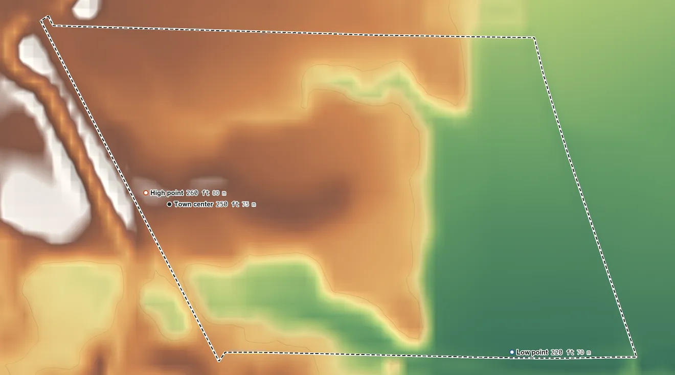 Topographic elevation map of Las Flores, Tehama County, California, shaded from 220 ft on the southeast side to 260 ft near the middle