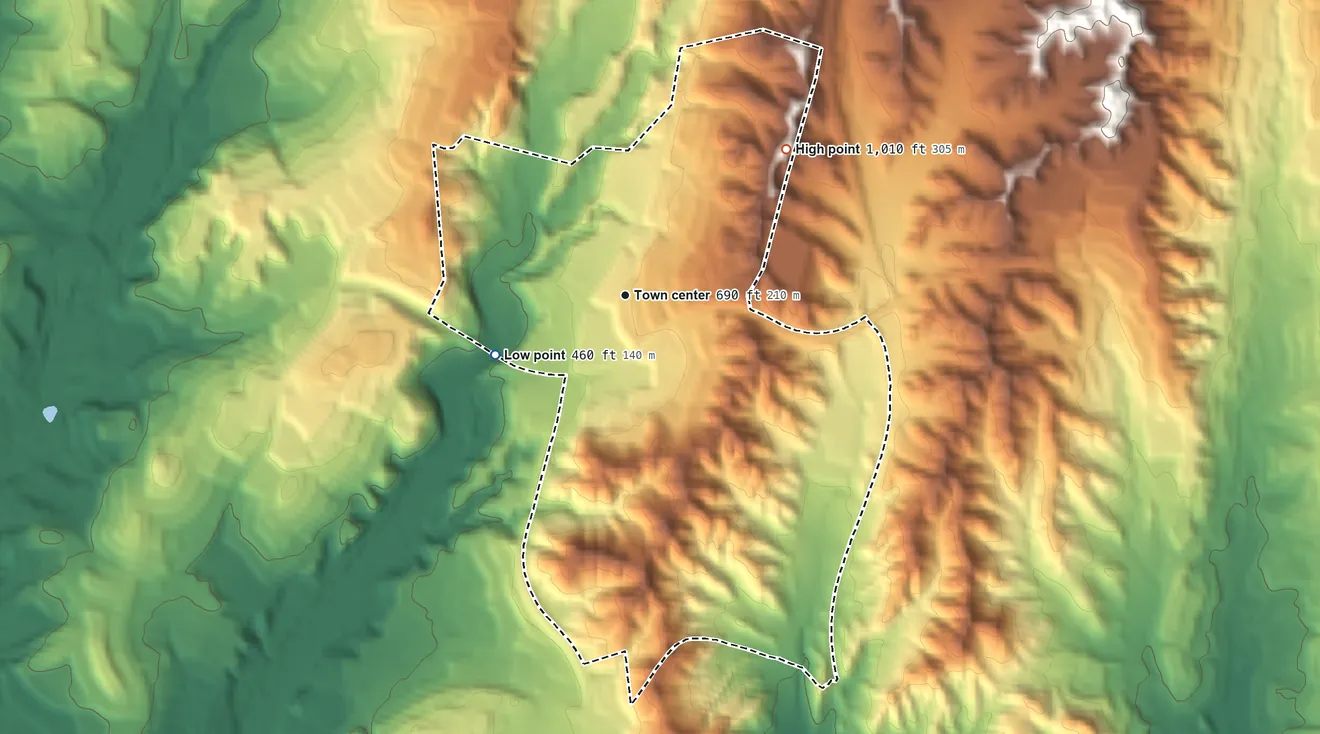 Topographic elevation map of Las Flores, California, shaded from 460 ft on the southwest side to 1,010 ft on the northeast side