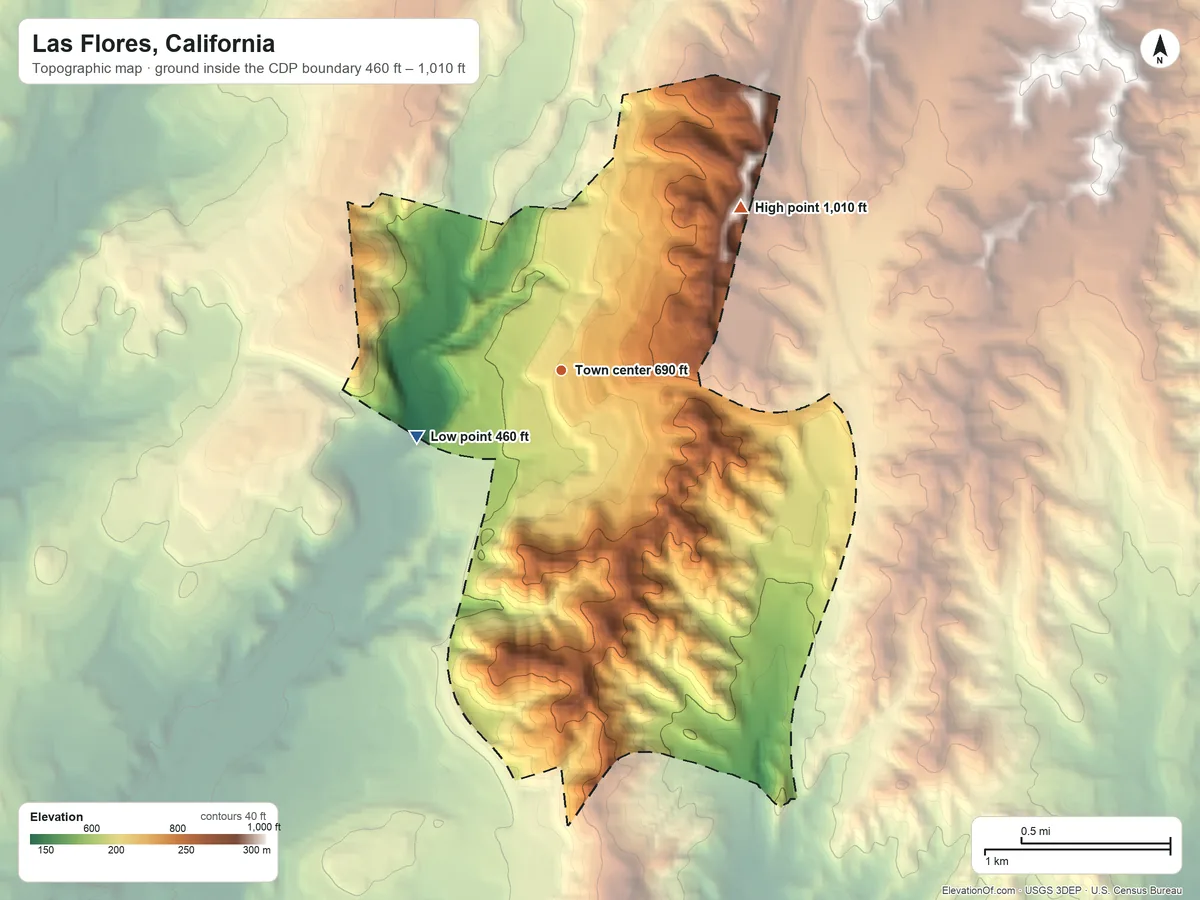 Topographic elevation map of Las Flores, California, shaded from 460 ft on the southwest side to 1,010 ft on the northeast side