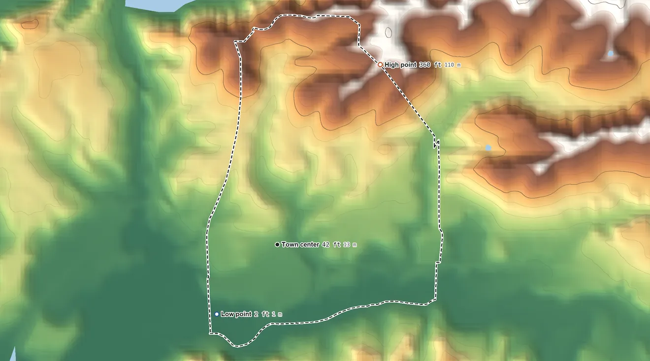 Topographic elevation map of Las Lomas, California, shaded from 2 ft on the southwest side to 360 ft on the northeast side