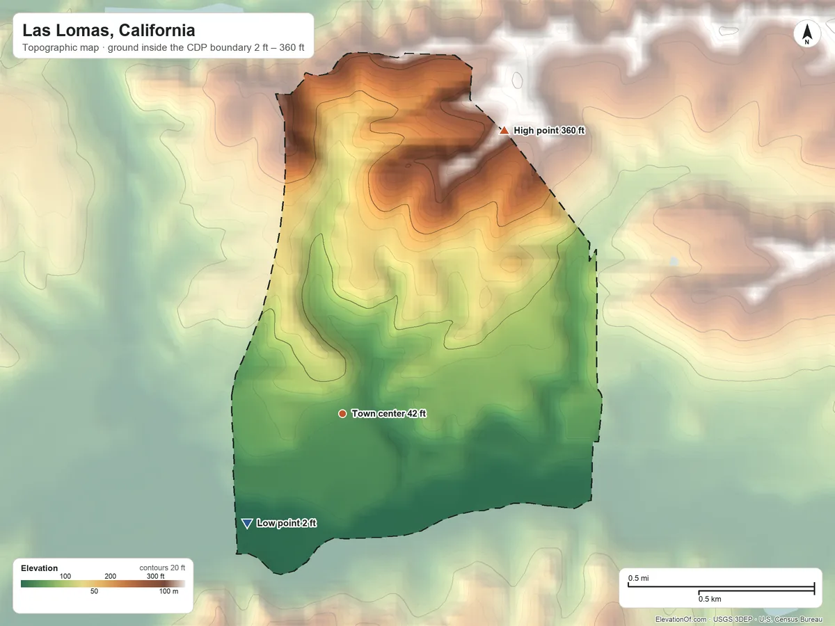 Topographic elevation map of Las Lomas, California, shaded from 2 ft on the southwest side to 360 ft on the northeast side