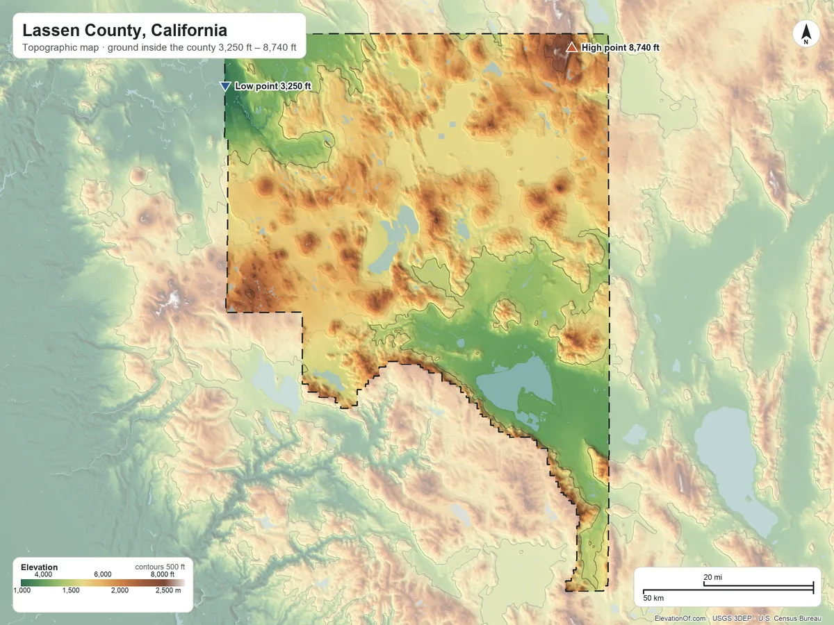 Topographic elevation map of Lassen County, California, shaded from 3,250 ft on the northwest side to 8,740 ft on Hat Mountain
