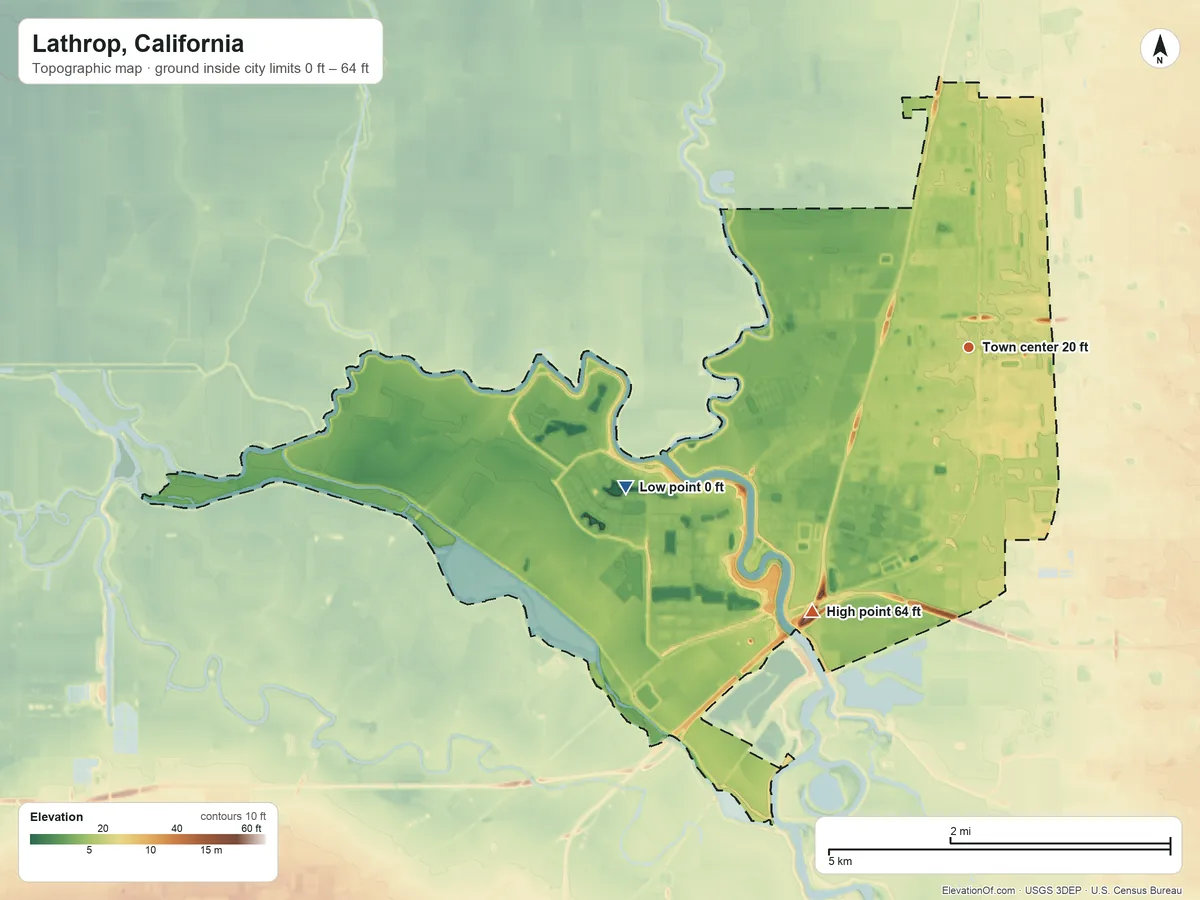 Topographic elevation map of Lathrop, California, shaded from 0 ft on the west side to 64 ft on the southwest side