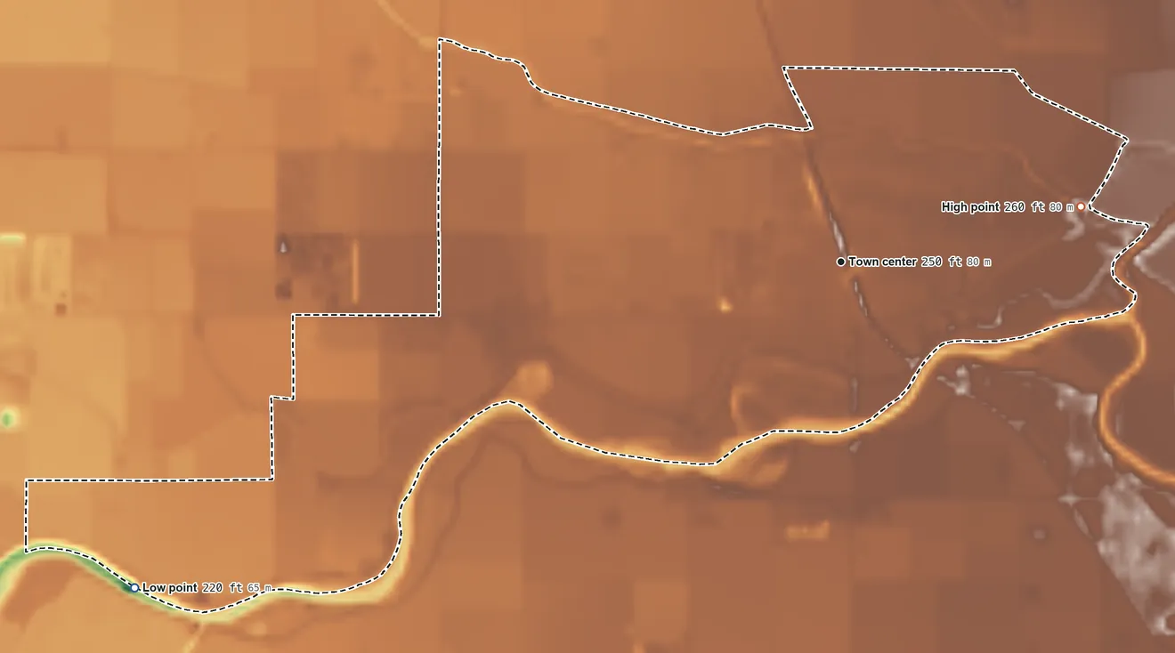 Topographic elevation map of Laton, California, shaded from 220 ft on the southwest side to 260 ft on the east side