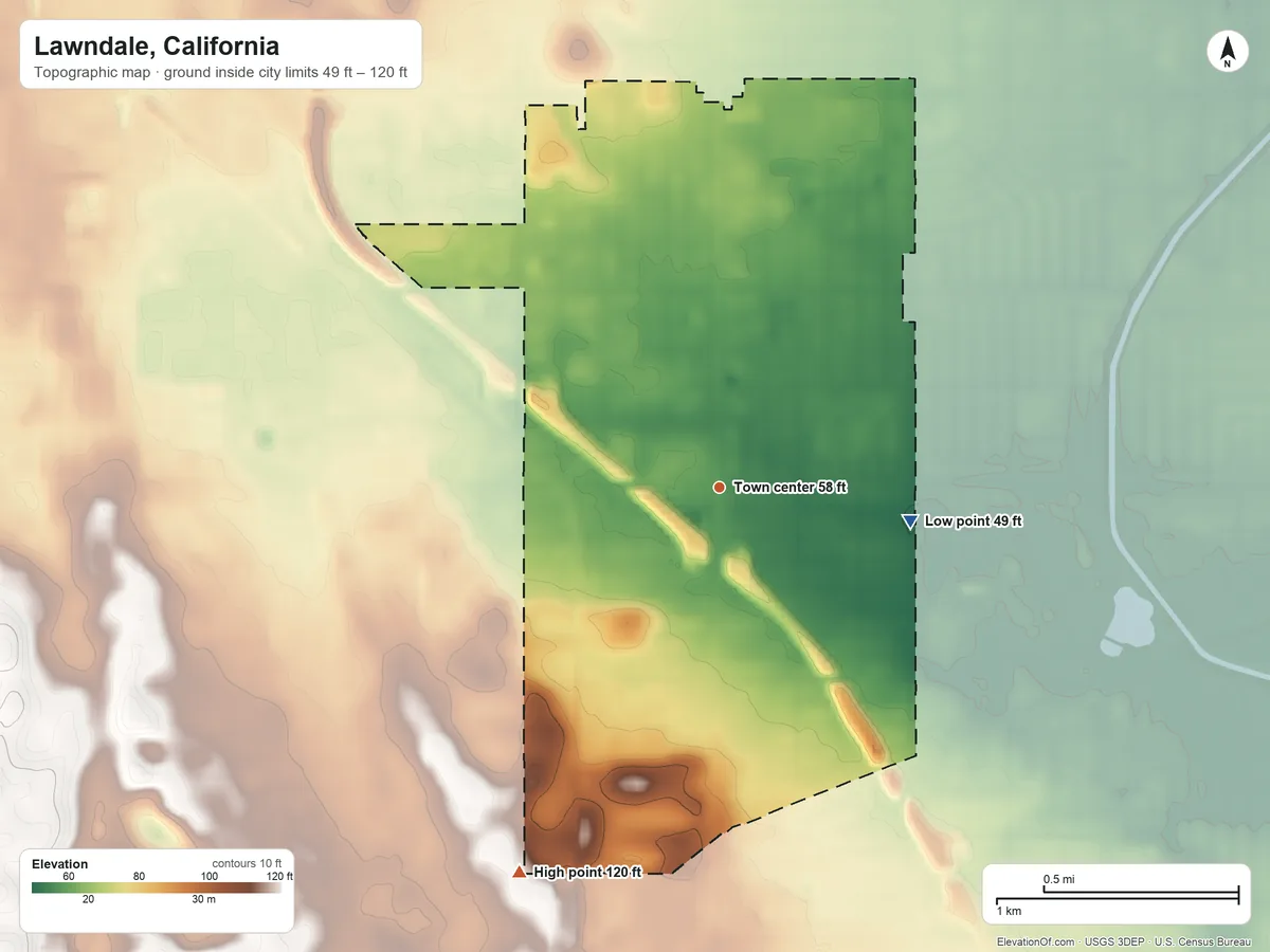 Topographic elevation map of Lawndale, California, shaded from 49 ft on the east side to 120 ft on the southwest side