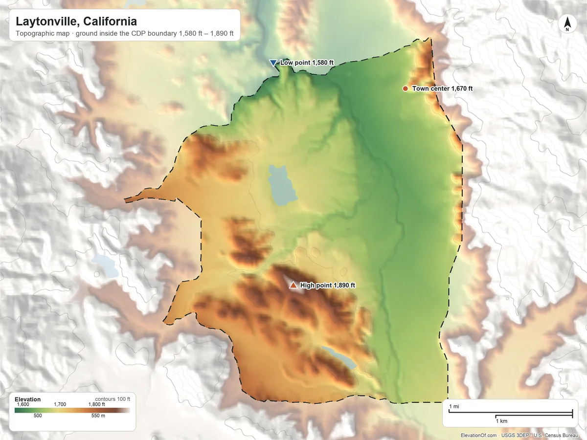 Topographic elevation map of Laytonville, California, shaded from 1,580 ft on the west side to 1,890 ft on the southwest edge, below higher ground just outside
