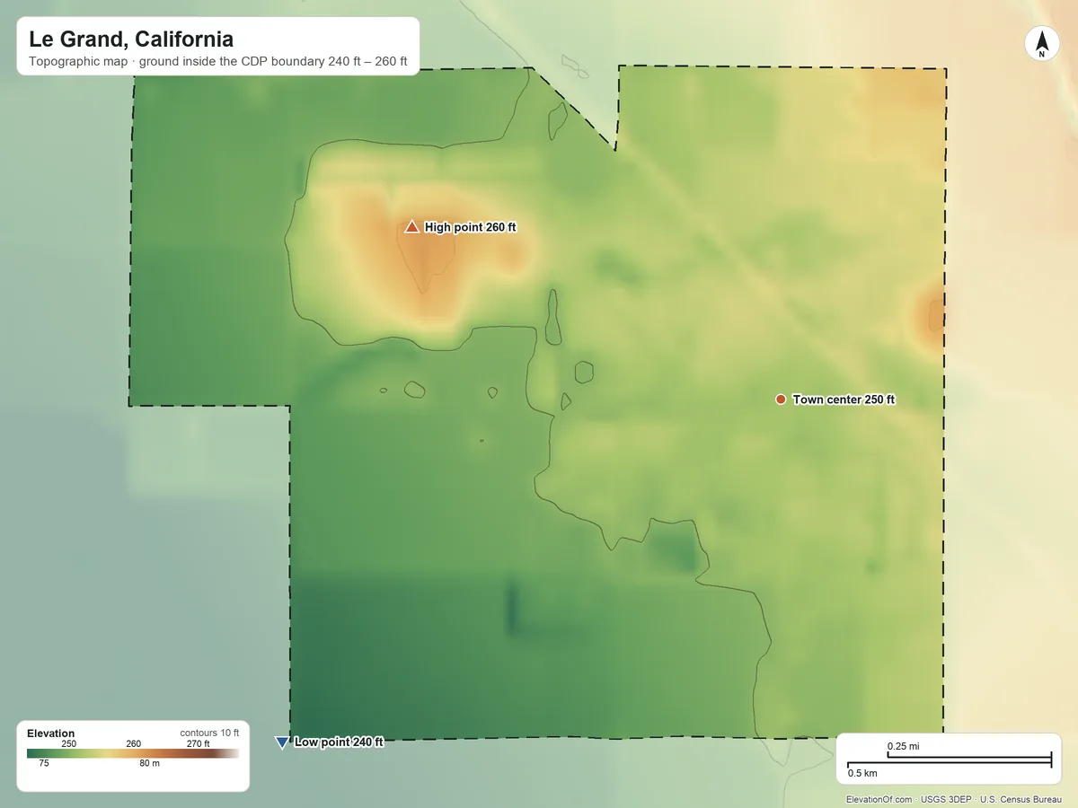 Topographic elevation map of Le Grand, California, shaded from 240 ft on the southwest side to 260 ft on the northwest side
