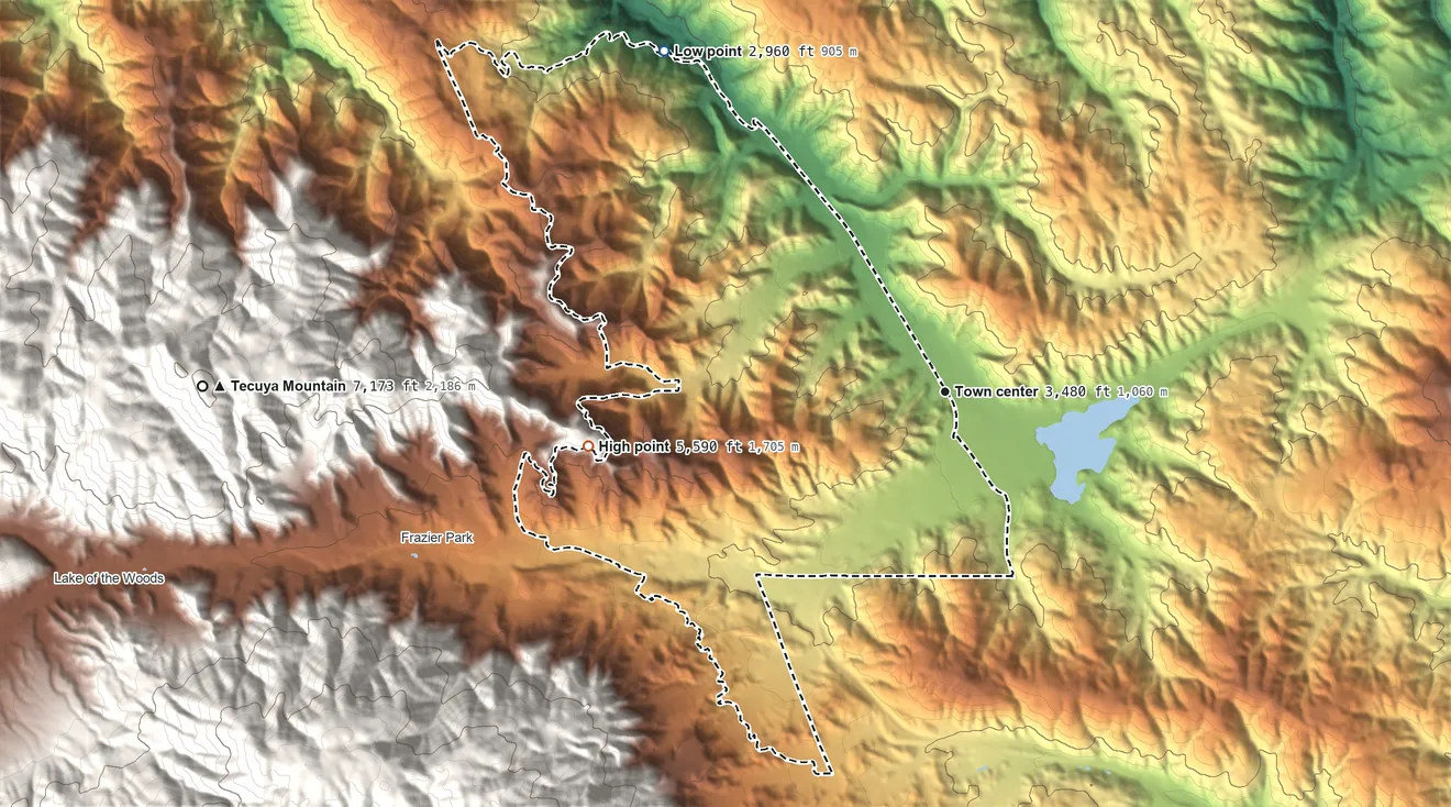 Topographic elevation map of Lebec, California, shaded from 2,960 ft on the northwest side to 5,590 ft at the foot of the Pleito Hills