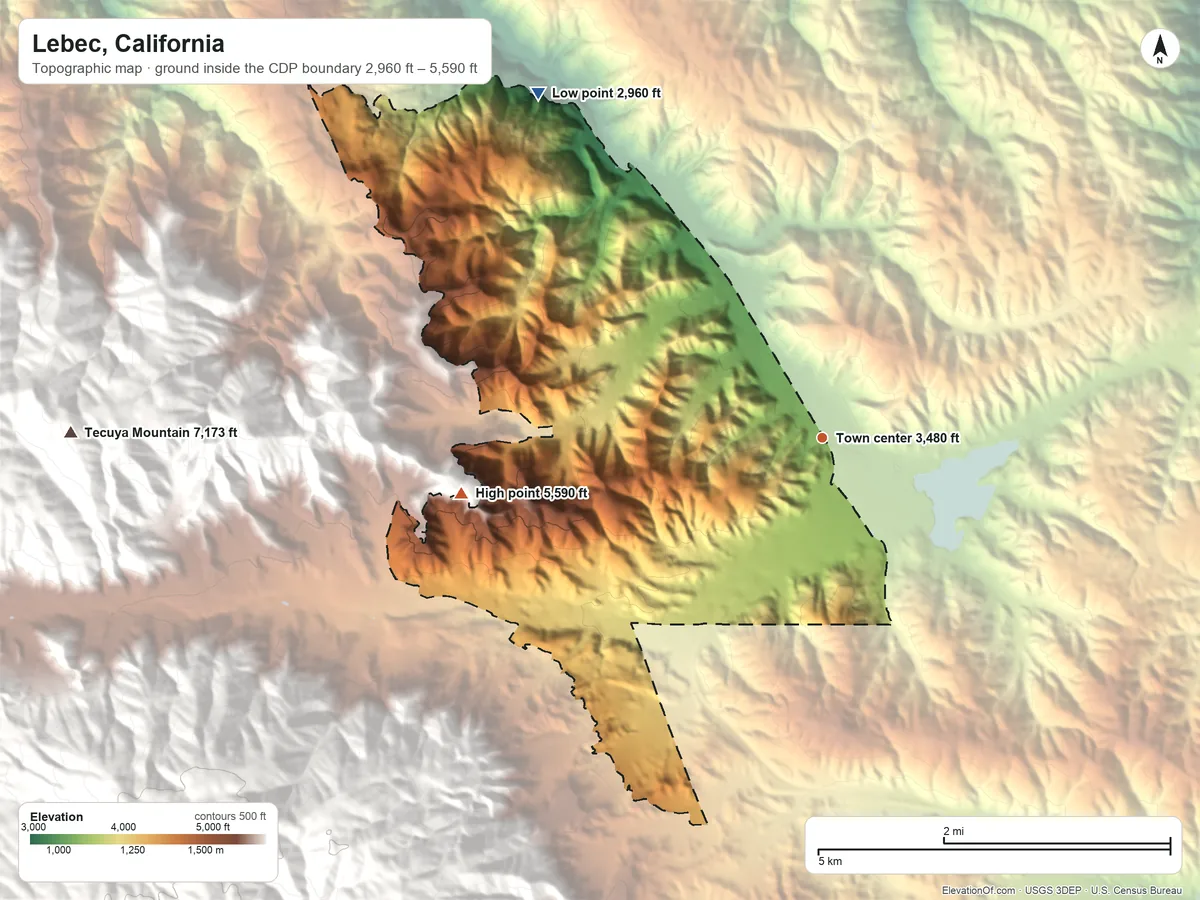 Topographic elevation map of Lebec, California, shaded from 2,960 ft on the northwest side to 5,590 ft at the foot of the Pleito Hills