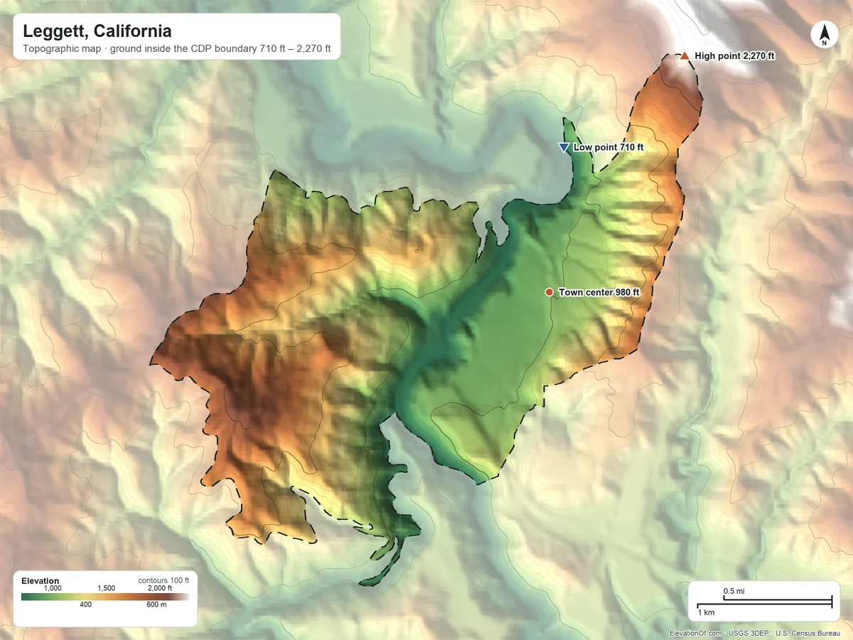 Topographic elevation map of Leggett, California, shaded from 710 ft on the north side to 2,270 ft on the northeast edge, below higher ground just outside