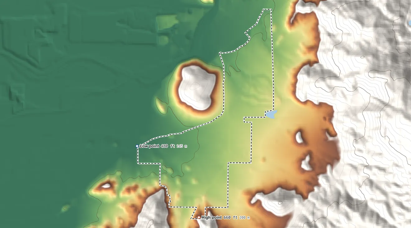 Topographic elevation map of Lemon Cove, California, shaded from 480 ft on the west side to 660 ft at the foot of the Venice Hills