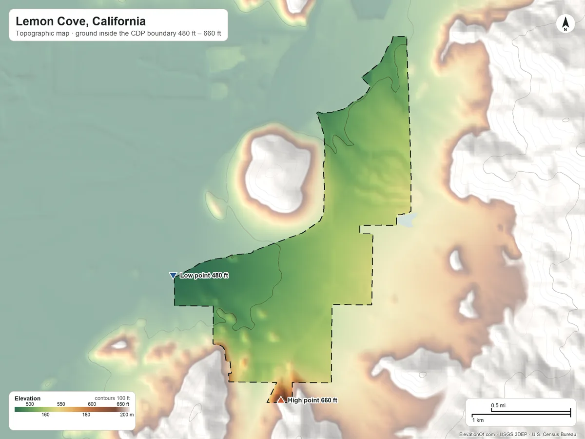 Topographic elevation map of Lemon Cove, California, shaded from 480 ft on the west side to 660 ft at the foot of the Venice Hills