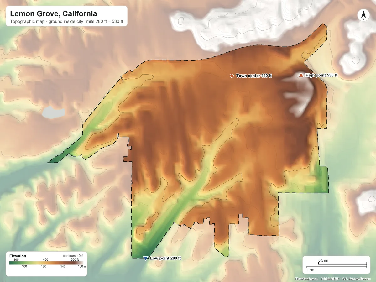 Topographic elevation map of Lemon Grove, California, shaded from 280 ft on the southwest side to 530 ft at the foot of the Fletcher Hills