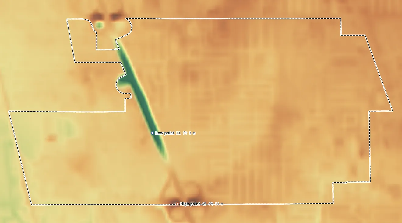 Topographic elevation map of Lemon Hill, California, shaded from 11 ft on the west side to 45 ft on the southwest side