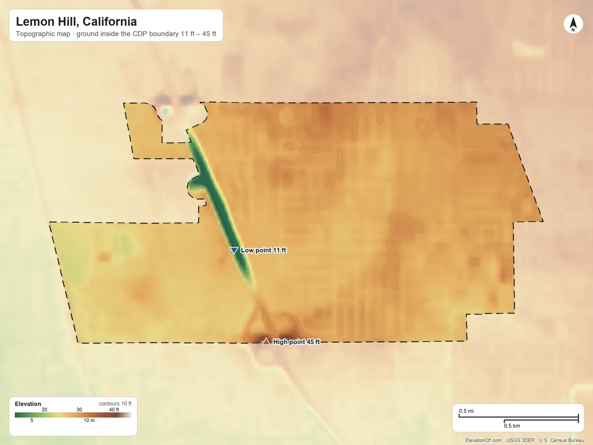 Topographic elevation map of Lemon Hill, California, shaded from 11 ft on the west side to 45 ft on the southwest side