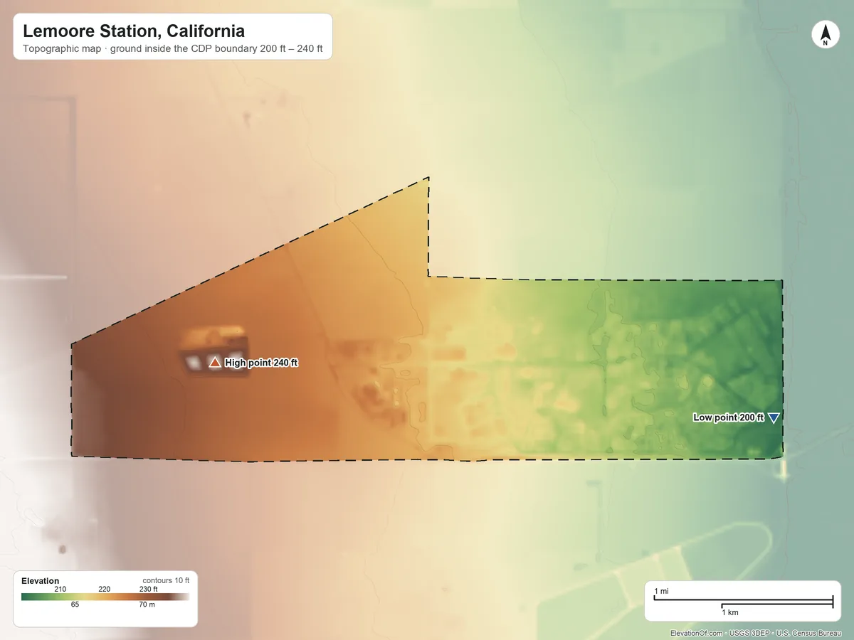 Topographic elevation map of Lemoore Station, California, shaded from 200 ft on the east side to 240 ft on the west side