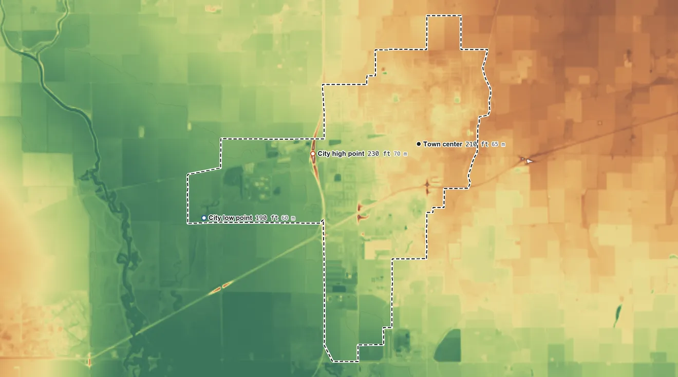 Topographic elevation map of Lemoore, California, shaded from 190 ft on the west side to 230 ft on the west side