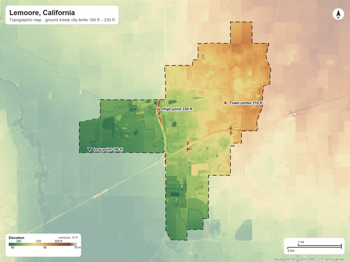 Topographic elevation map of Lemoore, California, shaded from 190 ft on the west side to 230 ft on the west side