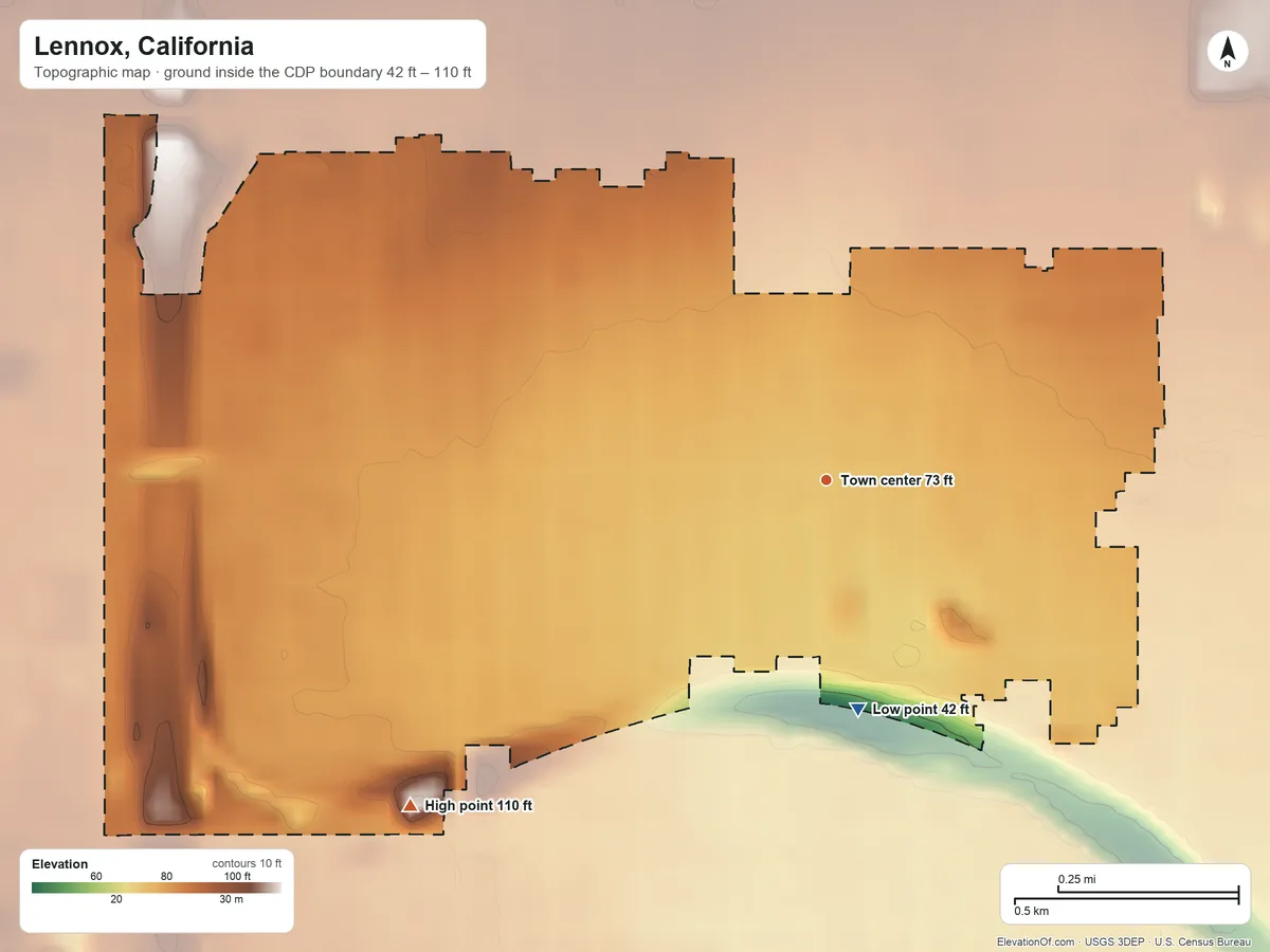 Topographic elevation map of Lennox, California, shaded from 42 ft on the south side to 110 ft on the southwest side