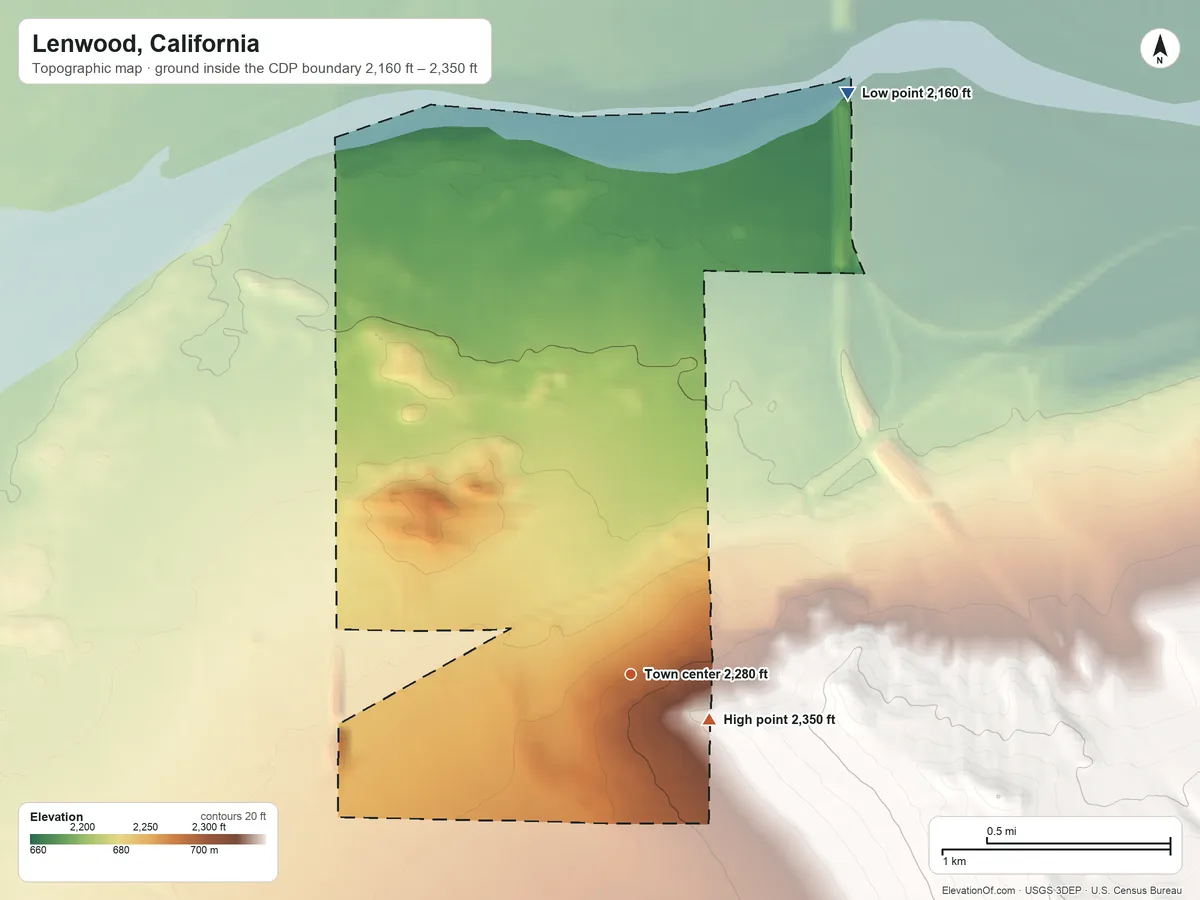 Topographic elevation map of Lenwood, California, shaded from 2,160 ft on the north side to 2,350 ft near the middle