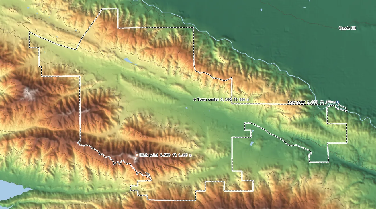 Topographic elevation map of Leona Valley, California, shaded from 2,850 ft on the east side to 4,580 ft on the southwest side
