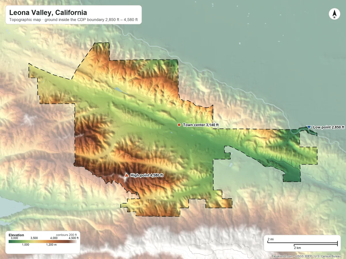Topographic elevation map of Leona Valley, California, shaded from 2,850 ft on the east side to 4,580 ft on the southwest side