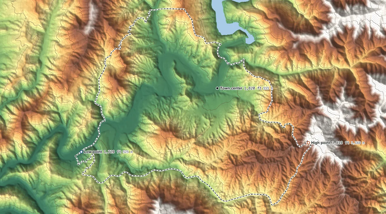 Topographic elevation map of Lewiston, California, shaded from 1,720 ft on the southwest side to 3,810 ft on the southeast edge, below higher ground just outside