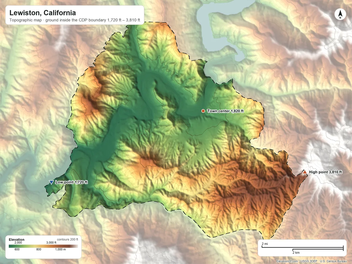 Topographic elevation map of Lewiston, California, shaded from 1,720 ft on the southwest side to 3,810 ft on the southeast edge, below higher ground just outside