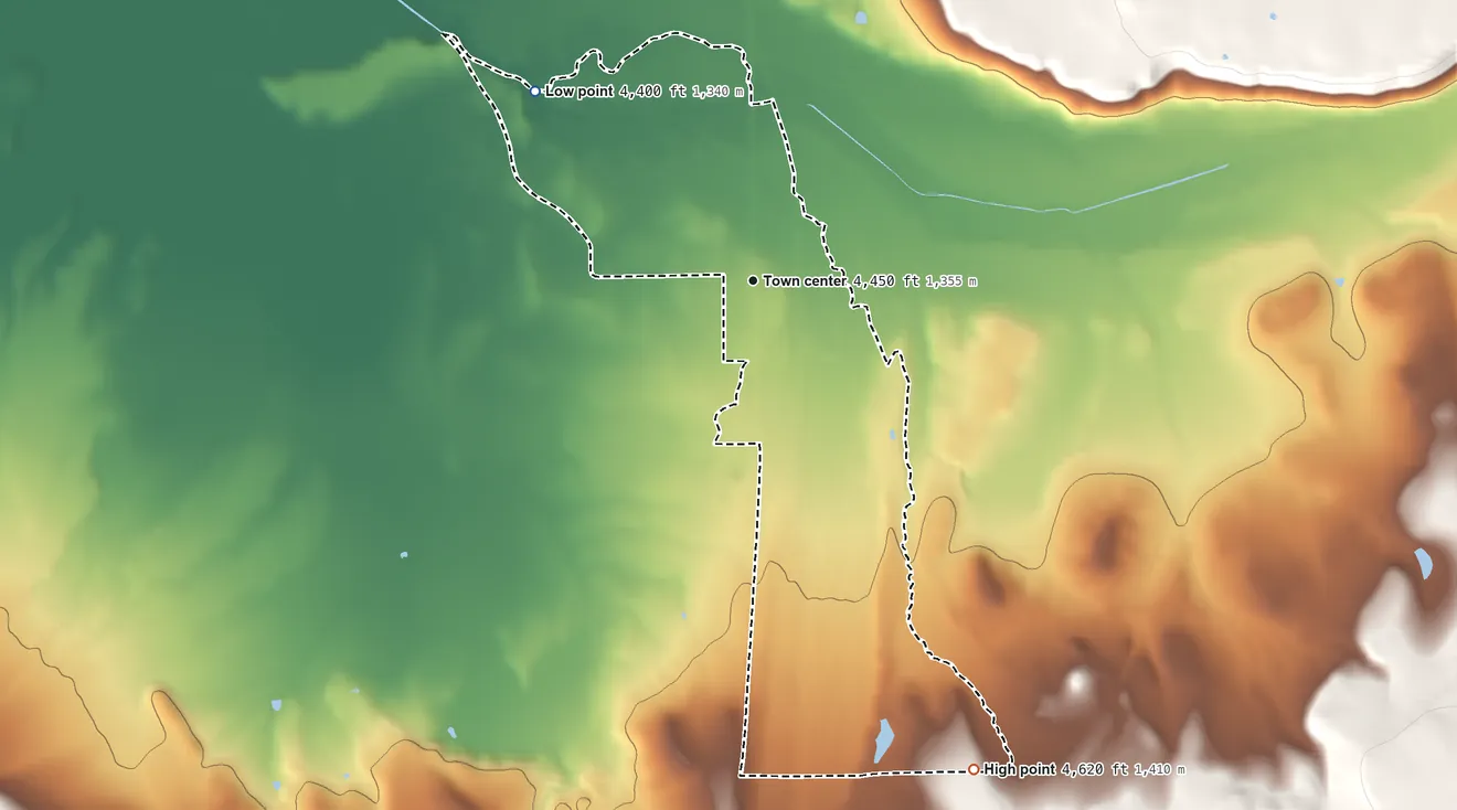 Topographic elevation map of Likely, California, shaded from 4,400 ft on the northwest side to 4,620 ft on the southeast edge, below higher ground just outside