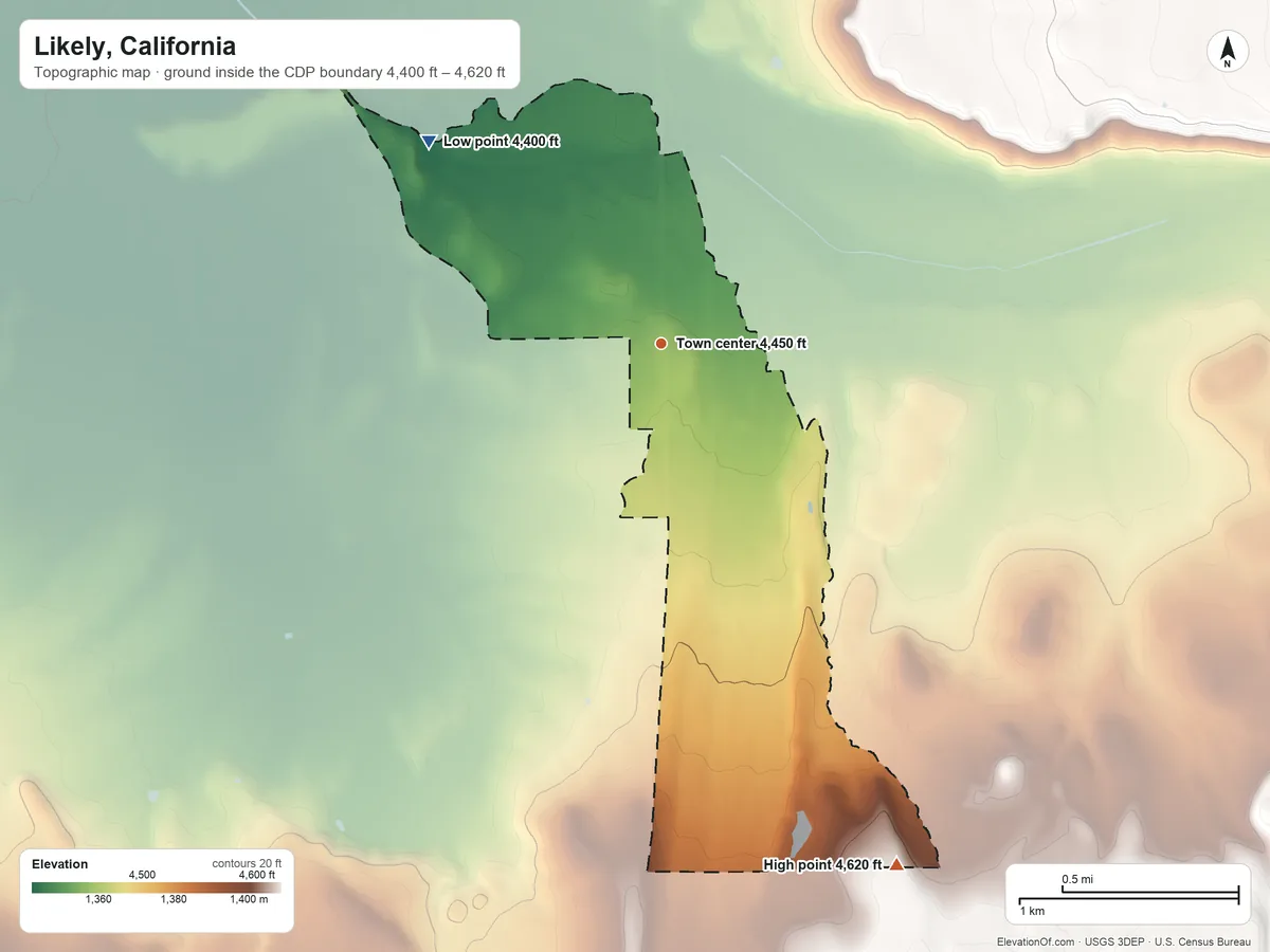 Topographic elevation map of Likely, California, shaded from 4,400 ft on the northwest side to 4,620 ft on the southeast edge, below higher ground just outside