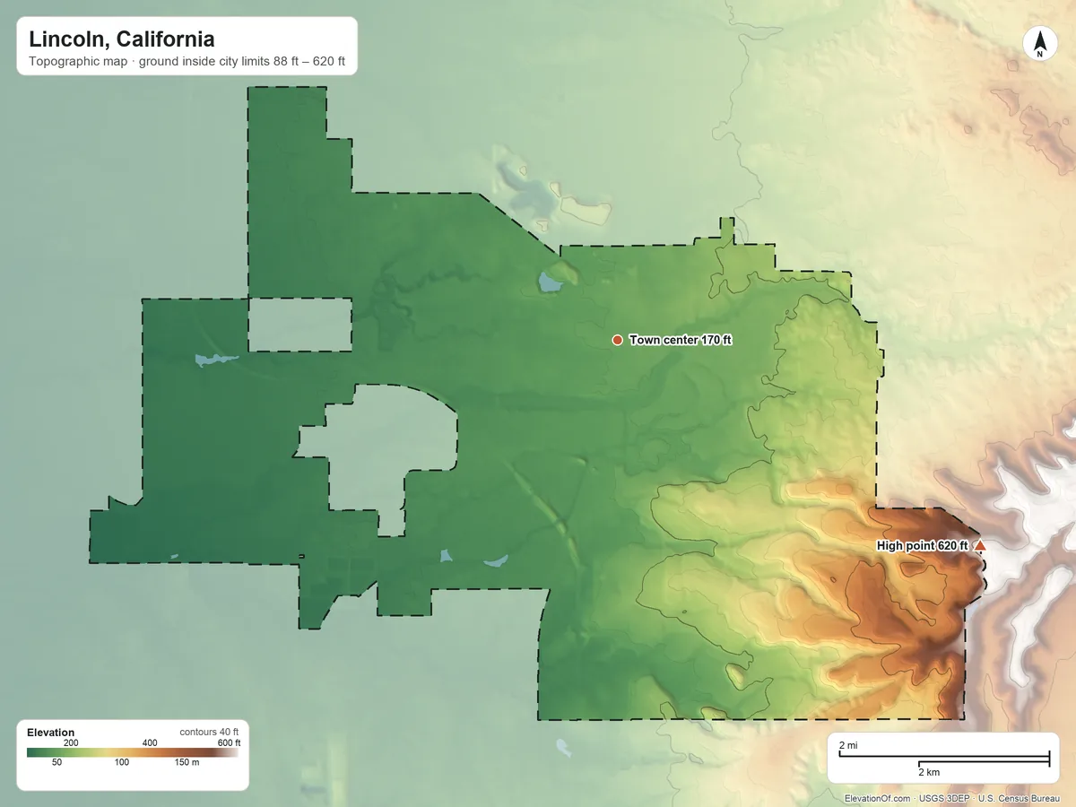 Topographic elevation map of Lincoln, California, shaded from 88 ft on the northwest side to 620 ft on the southeast side