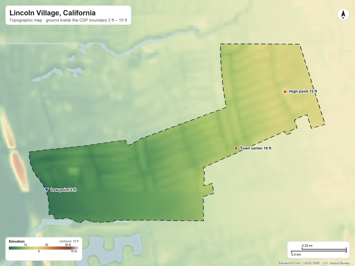 Topographic elevation map of Lincoln Village, California, shaded from 2 ft on the west side to 15 ft on the northeast side