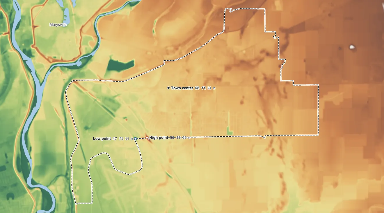 Topographic elevation map of Linda, California, shaded from 47 ft on the southwest side to 96 ft on the southwest side