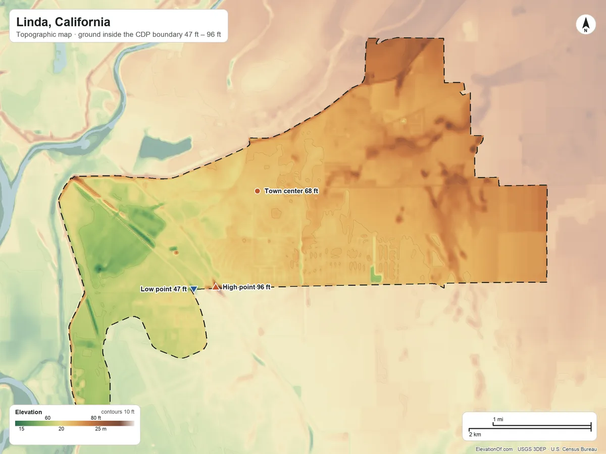 Topographic elevation map of Linda, California, shaded from 47 ft on the southwest side to 96 ft on the southwest side