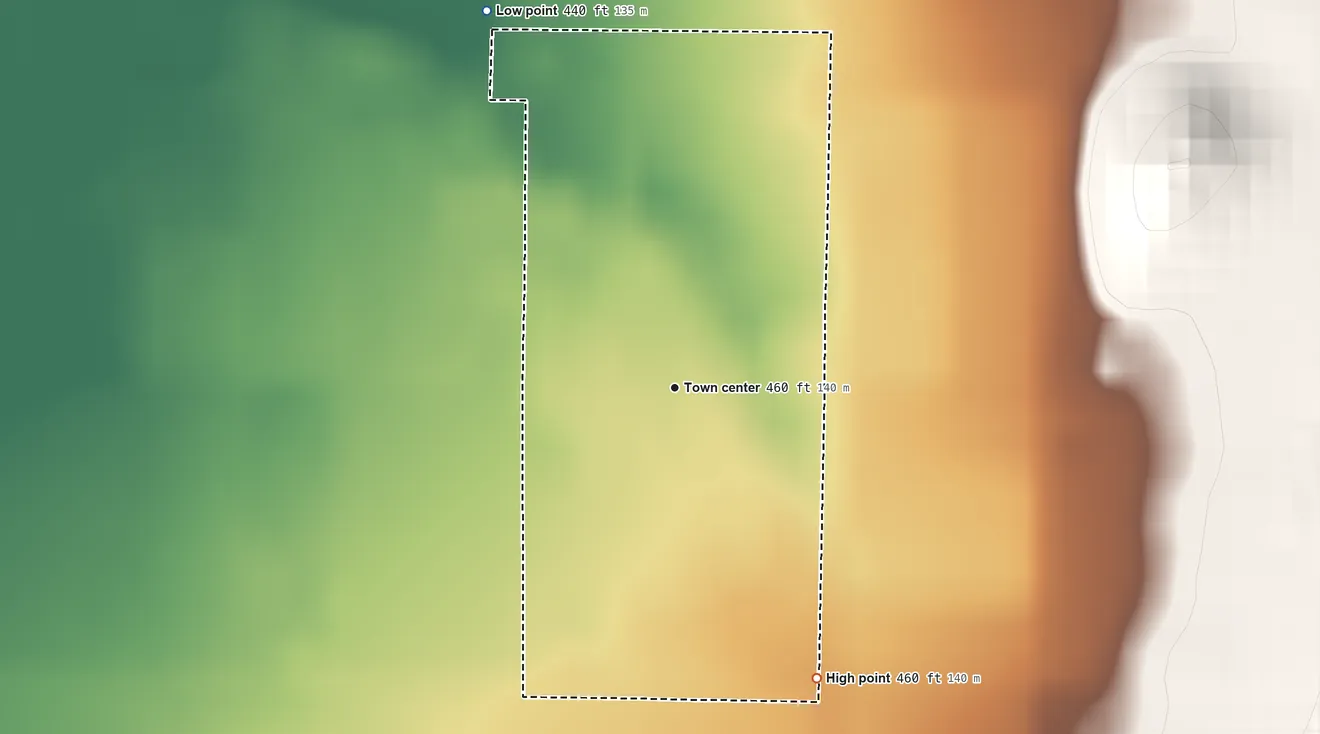 Topographic elevation map of Lindcove, California, shaded from 440 ft on the northwest side to 460 ft at the foot of the Venice Hills