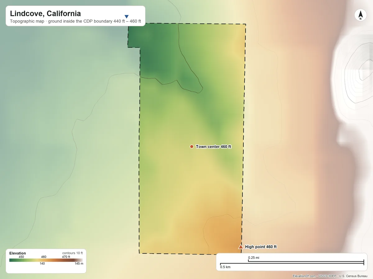 Topographic elevation map of Lindcove, California, shaded from 440 ft on the northwest side to 460 ft at the foot of the Venice Hills
