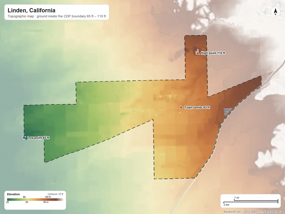 Topographic elevation map of Linden, California, shaded from 65 ft on the west side to 110 ft on the north side