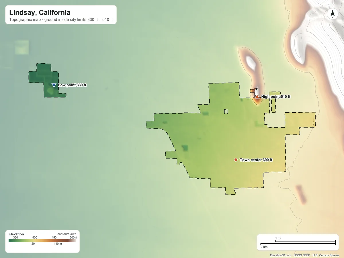 Topographic elevation map of Lindsay, California, shaded from 330 ft on the west side to 510 ft at the foot of the Venice Hills