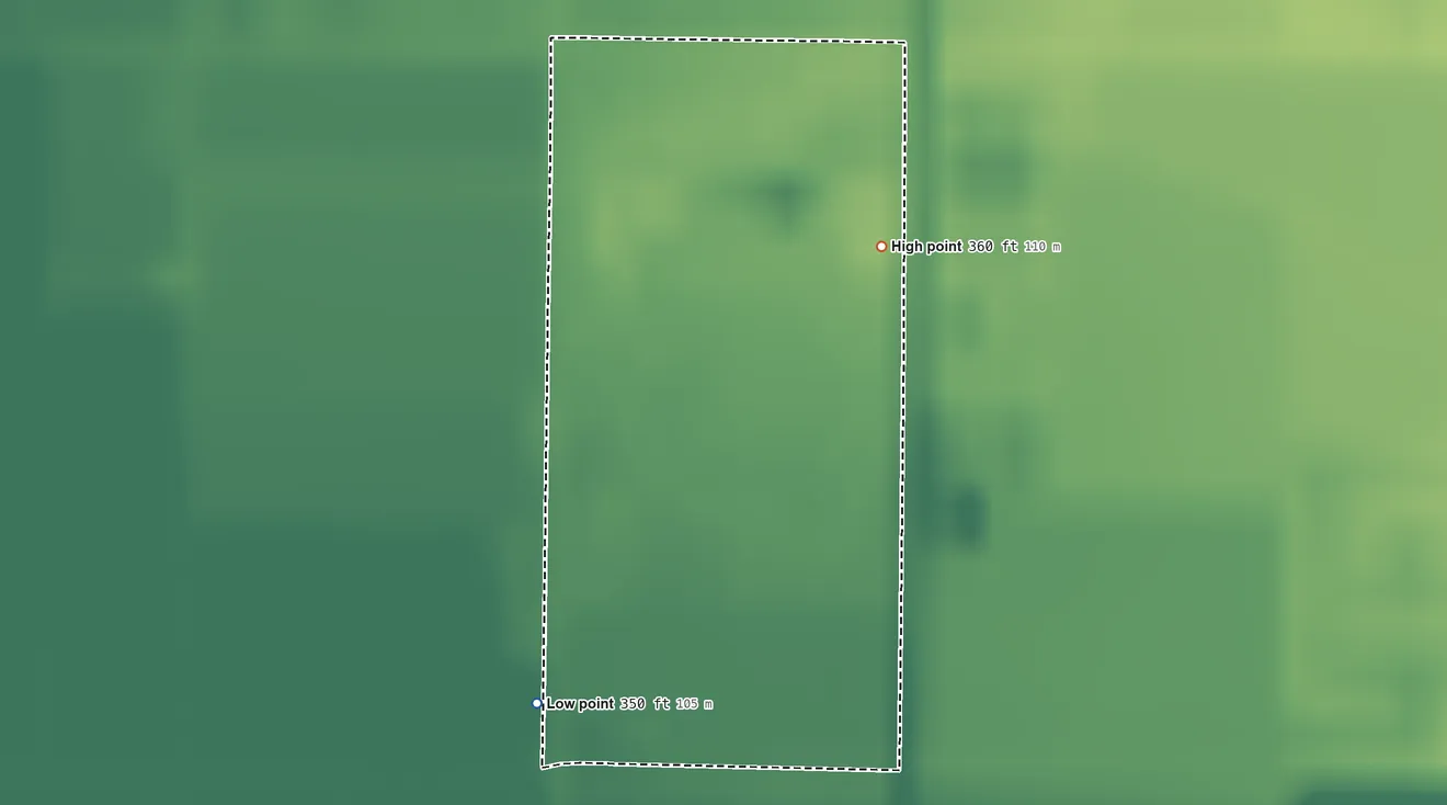 Topographic elevation map of Linnell Camp, California, shaded from 350 ft on the southwest side to 360 ft on the northeast side