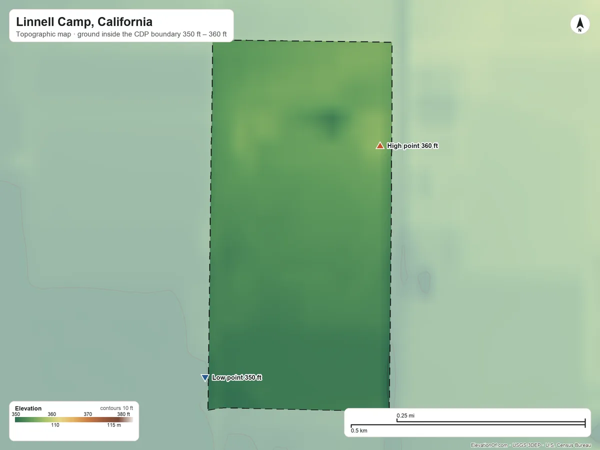 Topographic elevation map of Linnell Camp, California, shaded from 350 ft on the southwest side to 360 ft on the northeast side