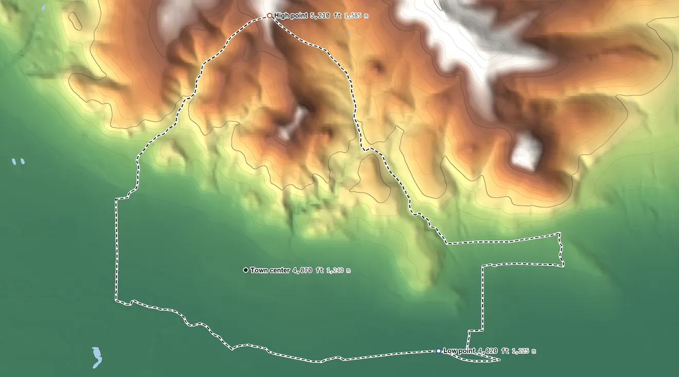 Topographic elevation map of Litchfield, California, shaded from 4,020 ft on the southeast side to 5,210 ft at the foot of the Skedaddle Mountains