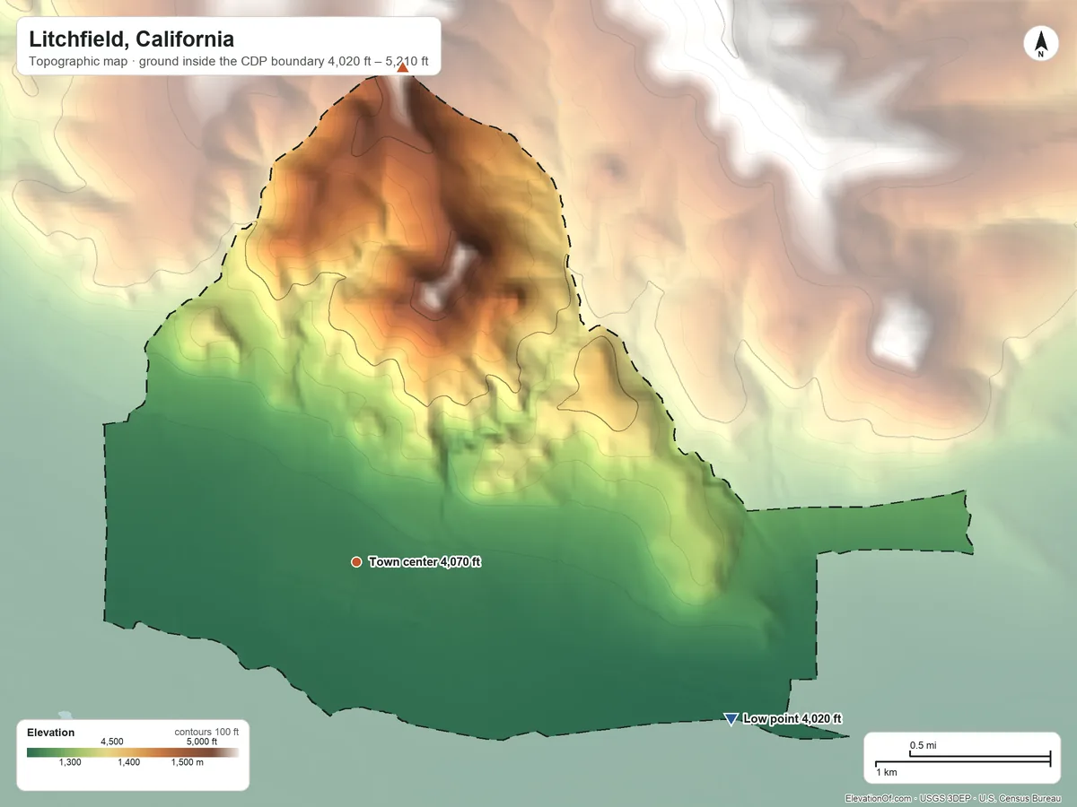 Topographic elevation map of Litchfield, California, shaded from 4,020 ft on the southeast side to 5,210 ft at the foot of the Skedaddle Mountains
