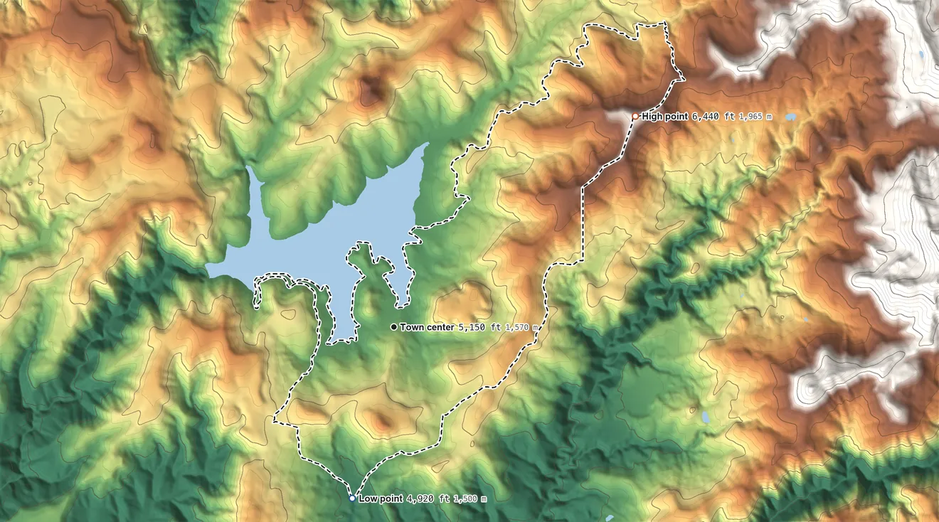 Topographic elevation map of Little Grass Valley, California, shaded from 4,920 ft on the south side to 6,440 ft on the northeast side