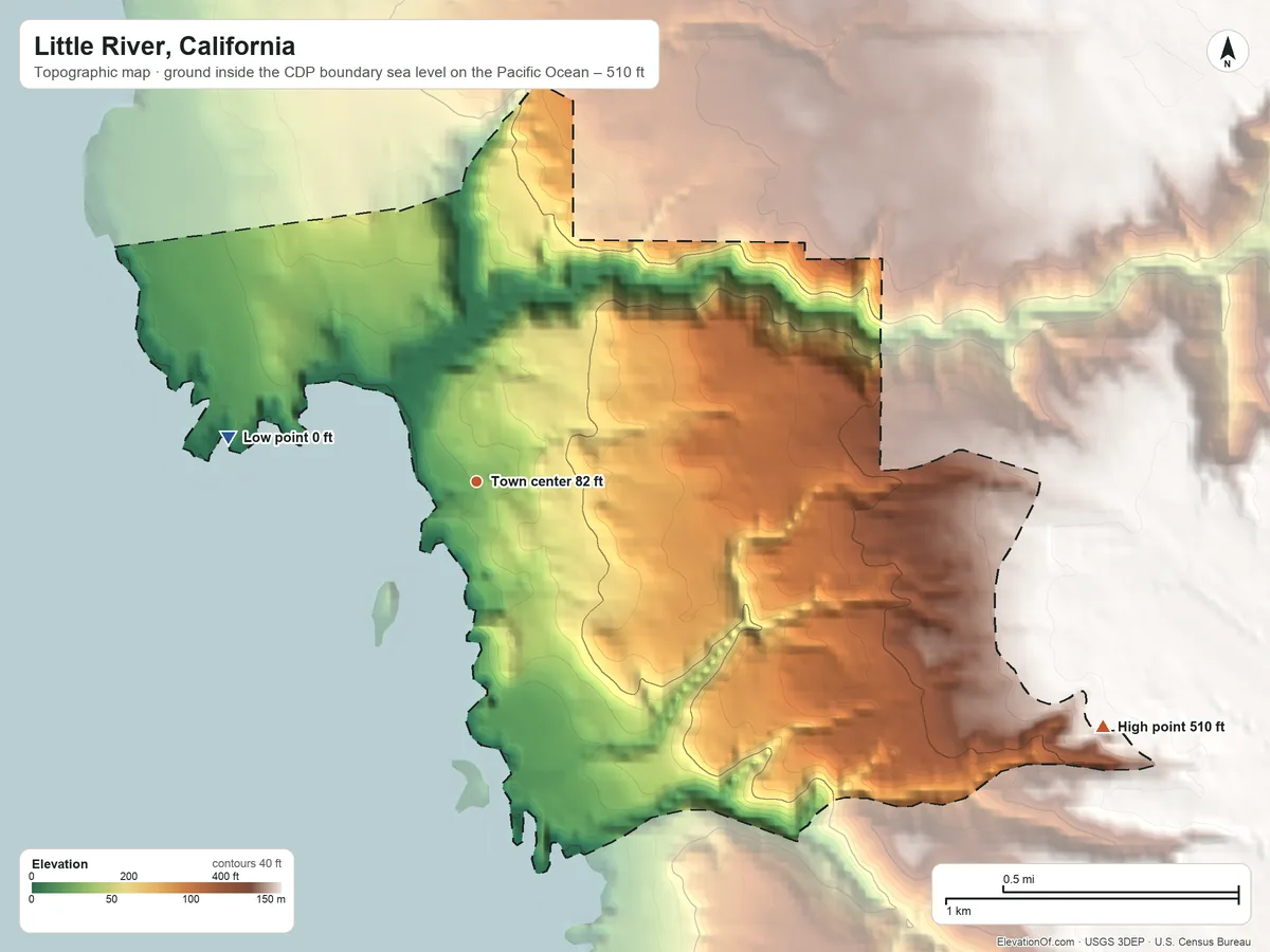 Topographic elevation map of Little River, California, shaded from sea level level on the Pacific Ocean to 510 ft on the east side