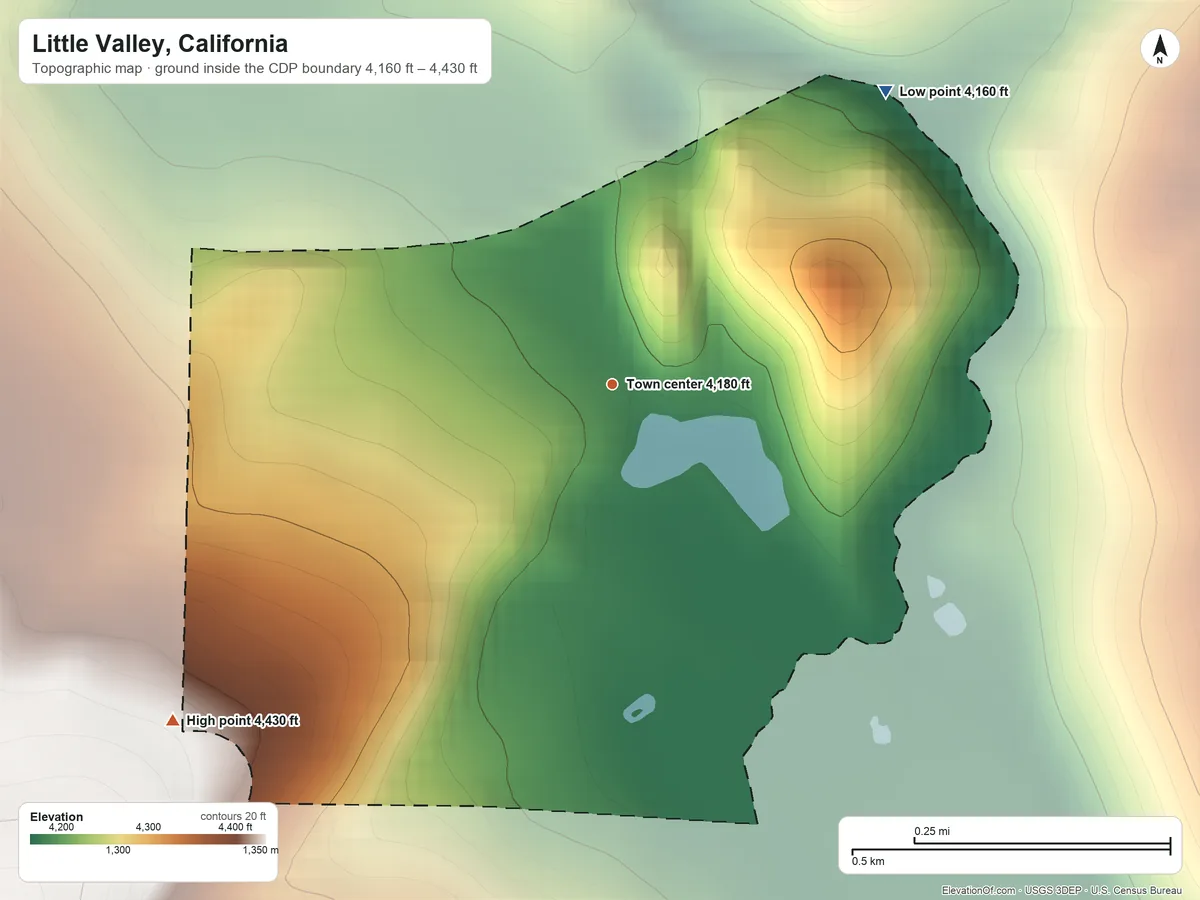 Topographic elevation map of Little Valley, California, shaded from 4,160 ft on the northeast side to 4,430 ft on the southwest edge, below higher ground just outside